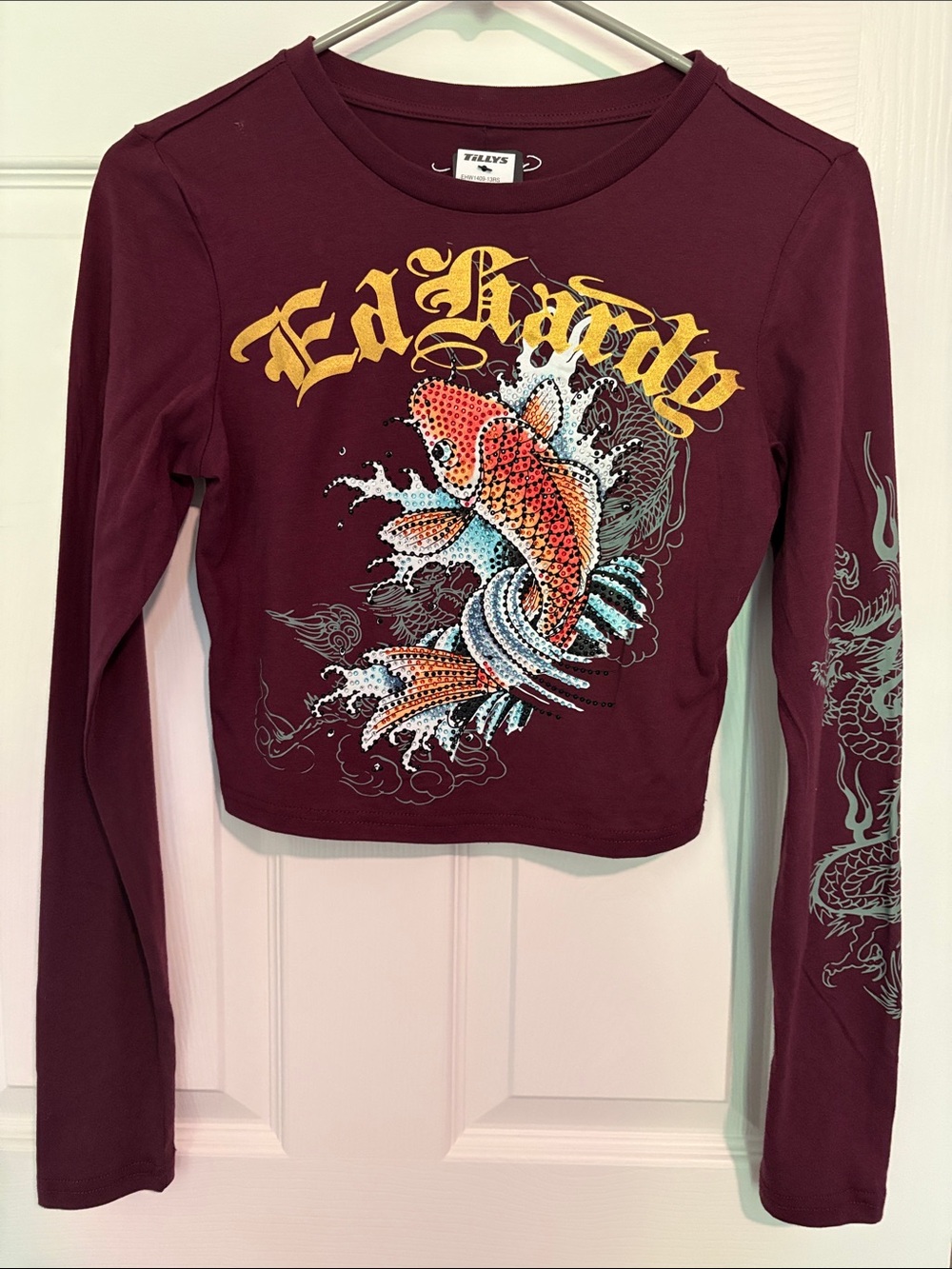 Ed Hardy Maroon Crop Top with Multicolor Koi Graphic